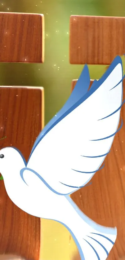 White dove with wooden cross on mobile wallpaper.