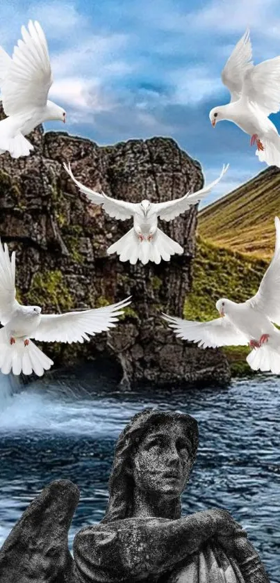 White doves fly over a waterfall with a serene statue and natural landscape.