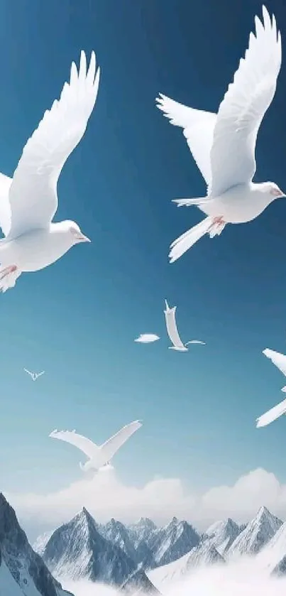 White doves flying over snowy mountains