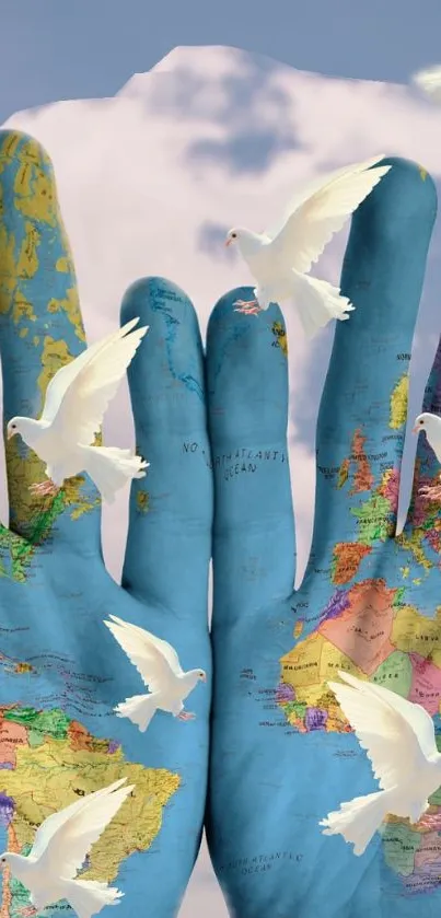 Hands painted with world map and doves flying in a sky background.