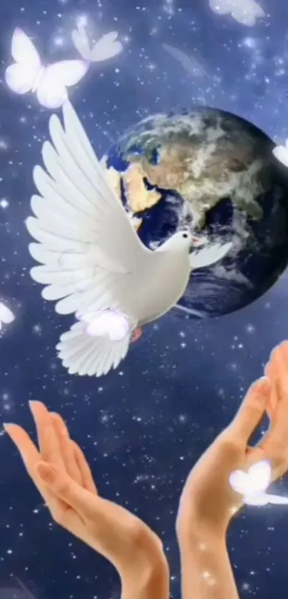 Dove flying near Earth with hands and butterflies in a starry sky.