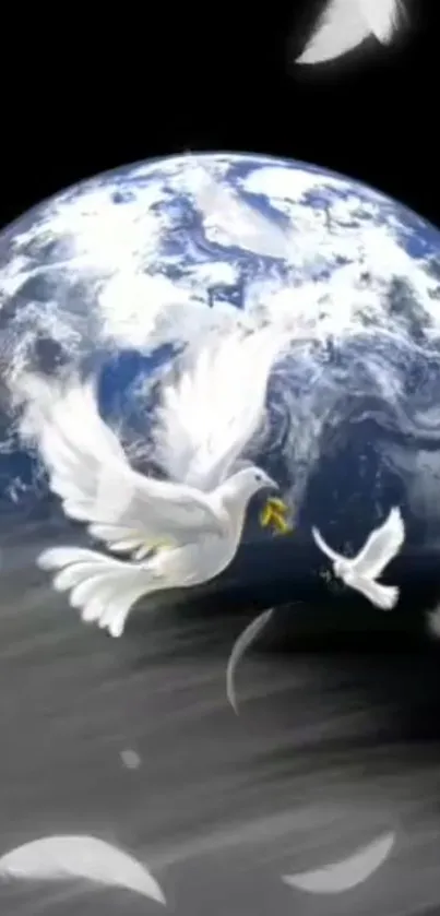 White doves flying over Earth with a cosmic black background.