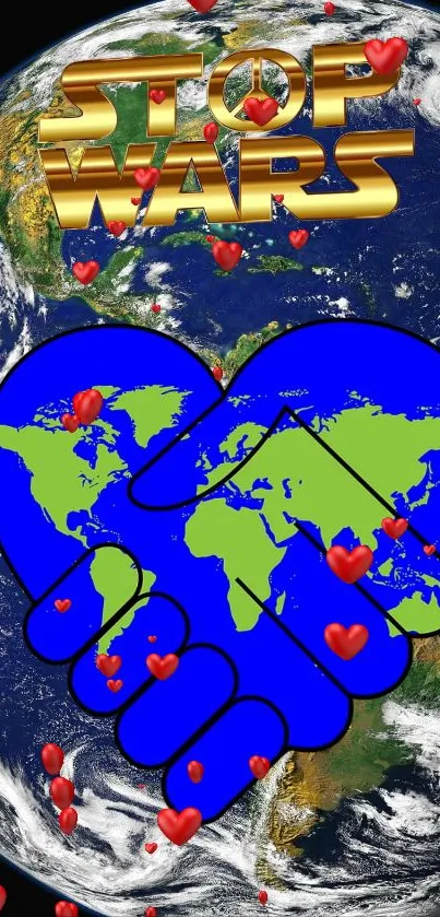 Peaceful earth with world map handshake and heart symbols.