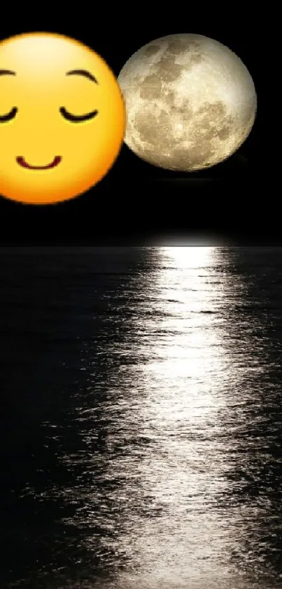 Calm ocean with emoji and moon reflection in darkness.