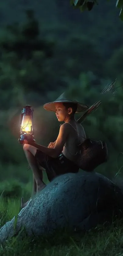 Boy holding lantern in serene, dark forest setting.