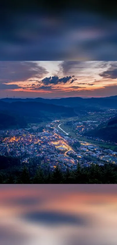 Valley and river landscape at sunset with colorful evening sky.