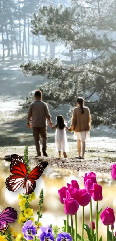 Family walking in a sunlit forest with butterflies and colorful flowers.