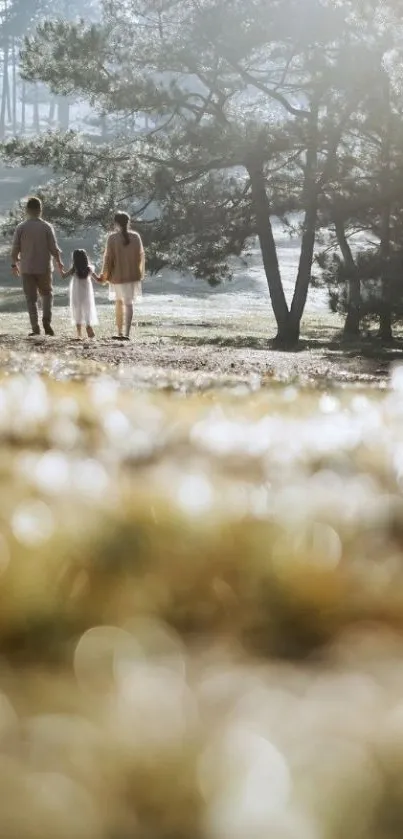 Family walking in a misty morning forest