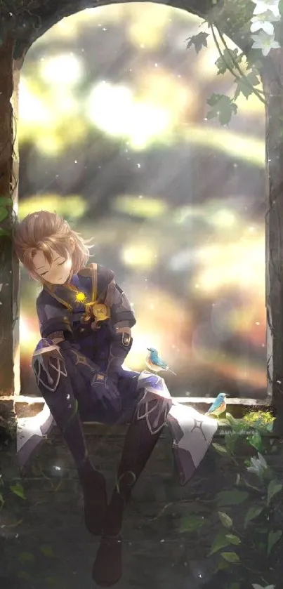 Fantasy character seated in a floral window scene.