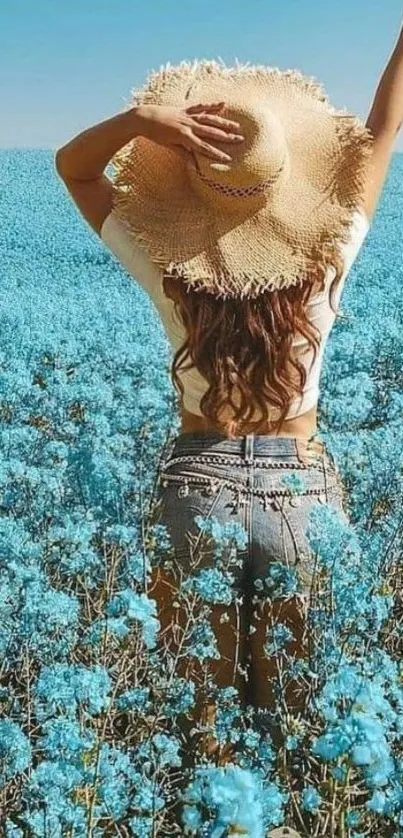 Woman in hat standing in a blue flower field, enjoying nature.