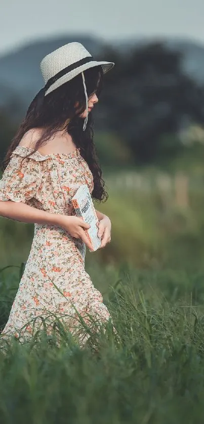 Woman in floral dress walking in green field.