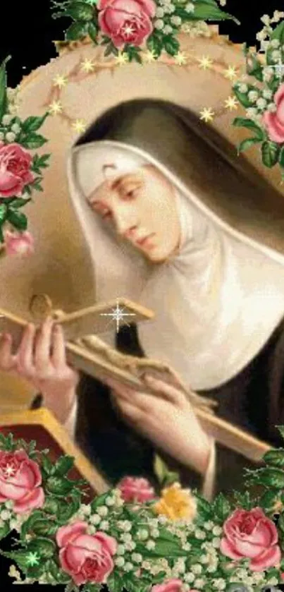 Peaceful floral framed nun holding cross.