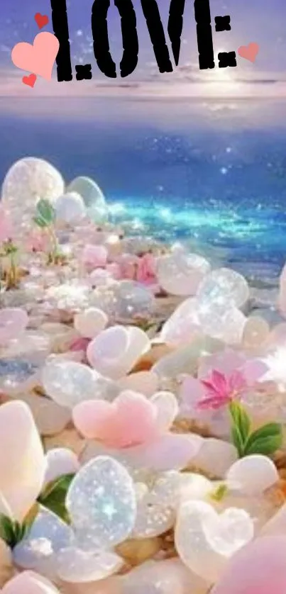 Serene ocean with flowers and sparkling stones.