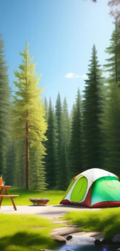 Mobile wallpaper of a green tent in a lush forest campsite.