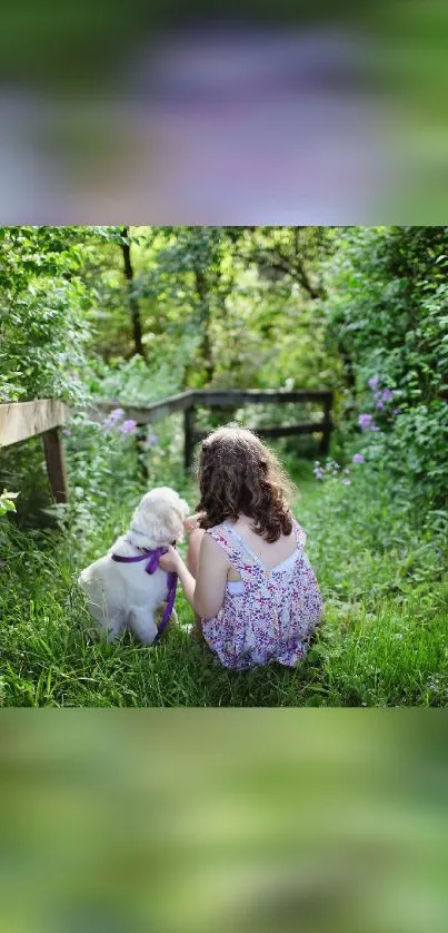 Girl and dog sitting in a verdant forest path, surrounded by lush greenery.