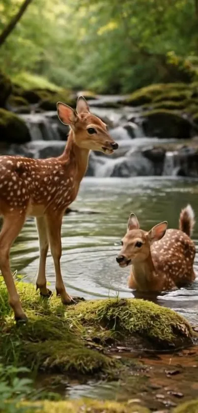 Two young fawns in a peaceful forest by a stream.
