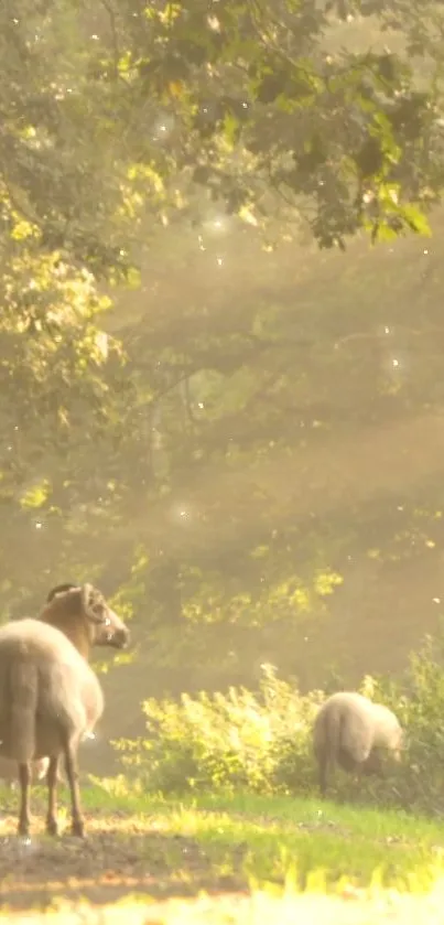 Sheep grazing peacefully in a sunlit forest with lush greenery.