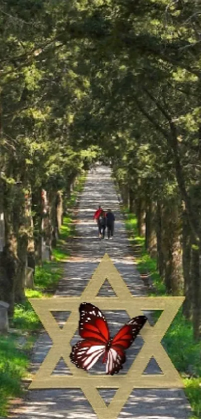 Serene forest path with lush greenery and symbolic centerpiece.