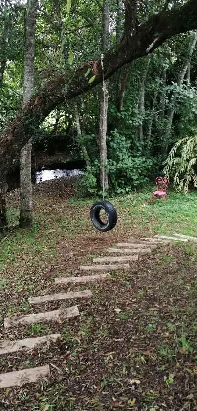 Tranquil forest playground with tire swing.