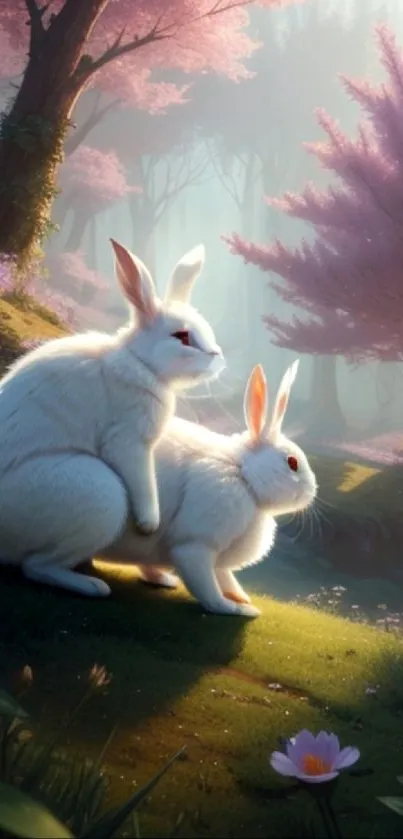 Two white rabbits in a tranquil forest setting with lavender hues.