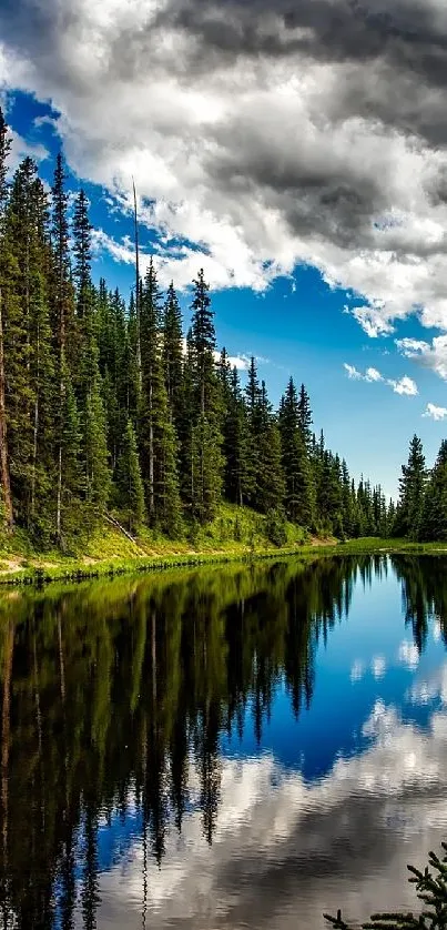 A peaceful lake reflecting evergreen trees under a cloudy sky.