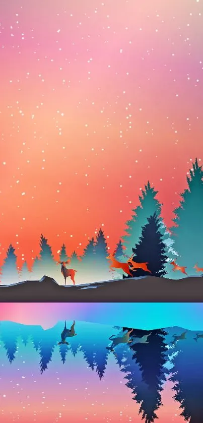 Forest wallpaper with vibrant sunset reflection and starry sky.