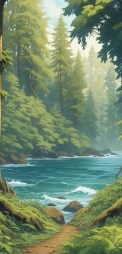 Serene forest river with tall trees