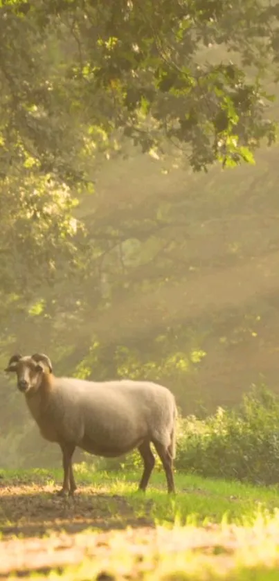 Sheep grazing in a sunlit forest with warm, olive green tones.