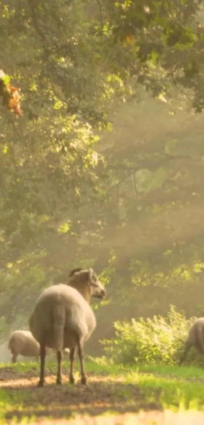 Sheep grazing in a sunlit forest clearing.