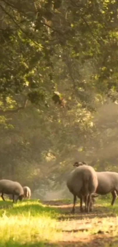 Sheep grazing in peaceful sunlit forest path.