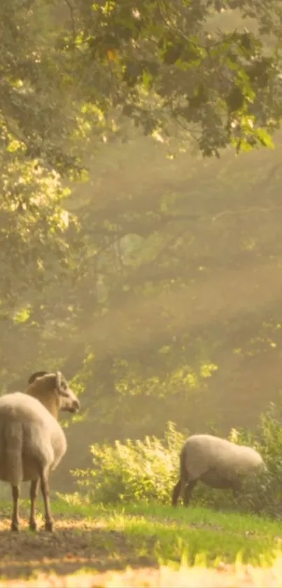 Sheep grazing peacefully in a sun-dappled forest path.