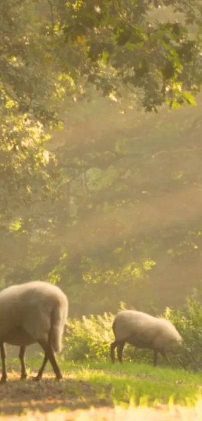 Sheep peacefully grazing in a sunlit forest path, surrounded by lush greenery.