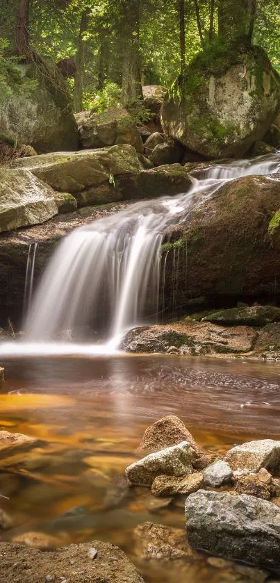 Beautiful forest waterfall mobile wallpaper with tranquil atmosphere.