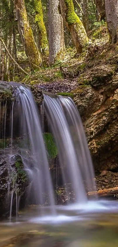 Serene waterfall in a lush forest setting, perfect for mobile wallpaper.