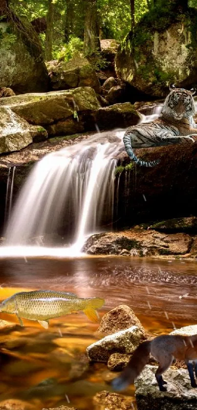 Tranquil forest waterfall with flowing stream and lush greenery.