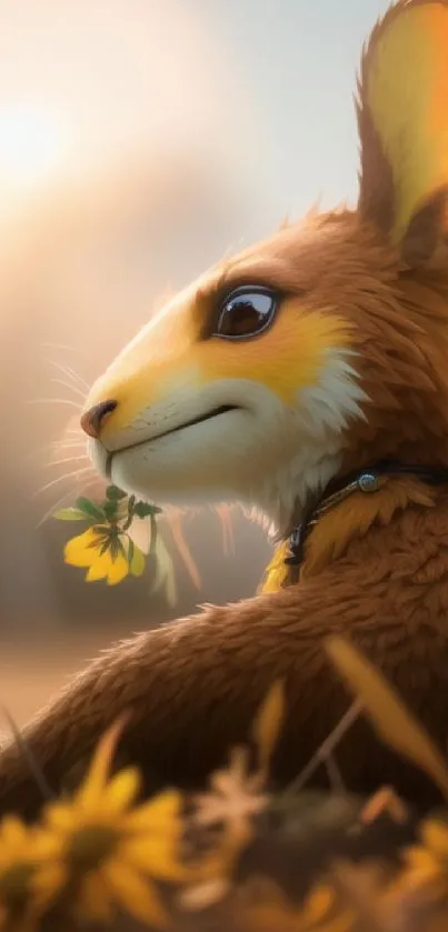 A gentle fox resting with yellow flowers, bathed in warm sunset light.