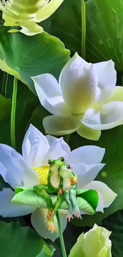 Frog resting on white lotus flower with lush green leaves.