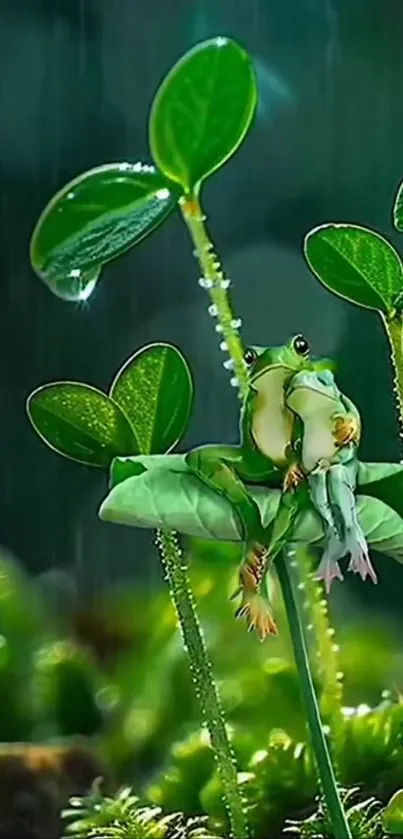 Two frogs perched on leaves in a lush rainforest setting.