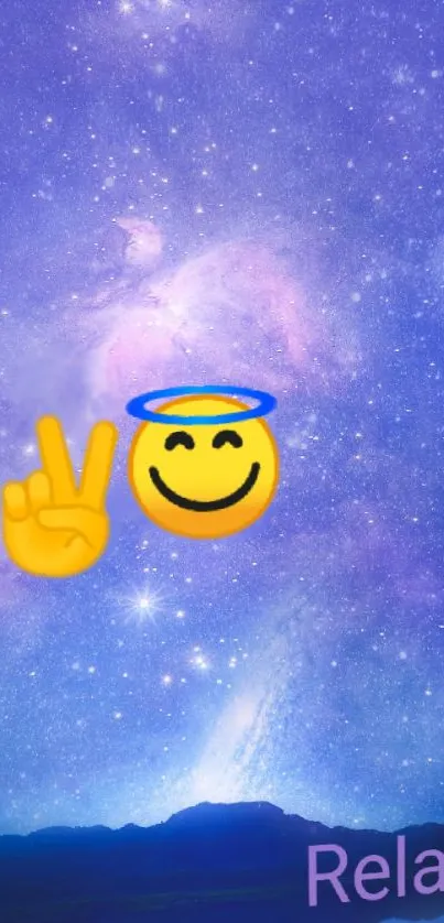 Galaxy wallpaper with emoji peace sign and smiling face.