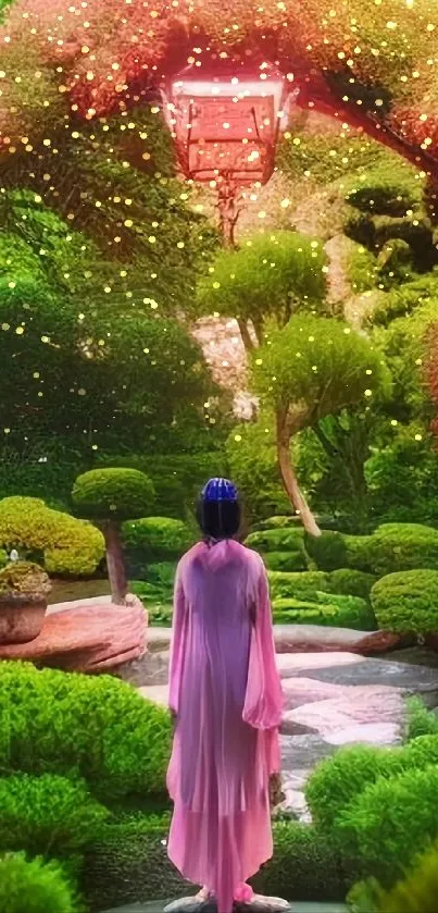 A peaceful garden scene with a person in a pink robe, surrounded by lush greenery.