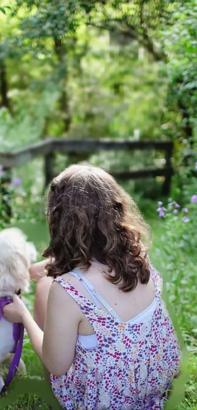 Girl with dog in lush green garden, purple flowers around.