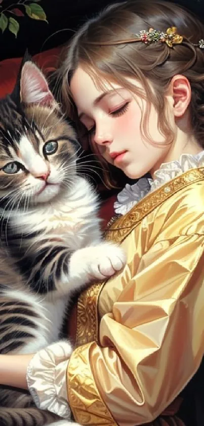 Girl in a golden dress peacefully cuddling a cat.