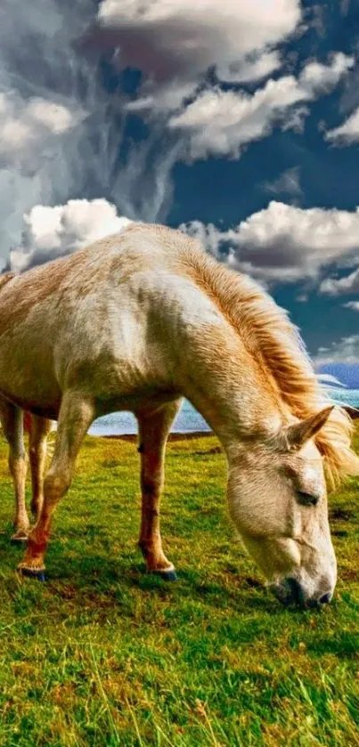 White horse grazing in a green meadow under cloudy skies.