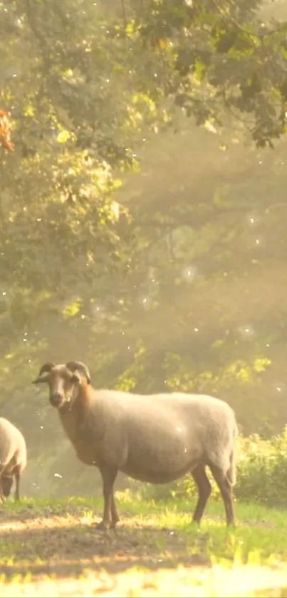 Peaceful sheep grazing amid sunlit forest setting.