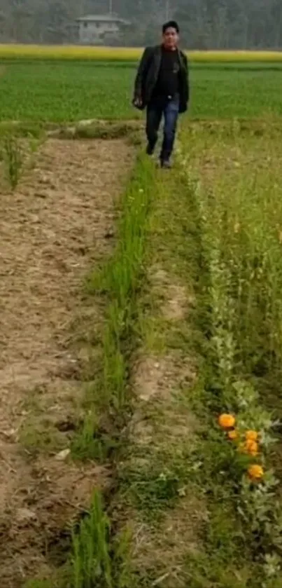 Person walking through lush green field with flowers.