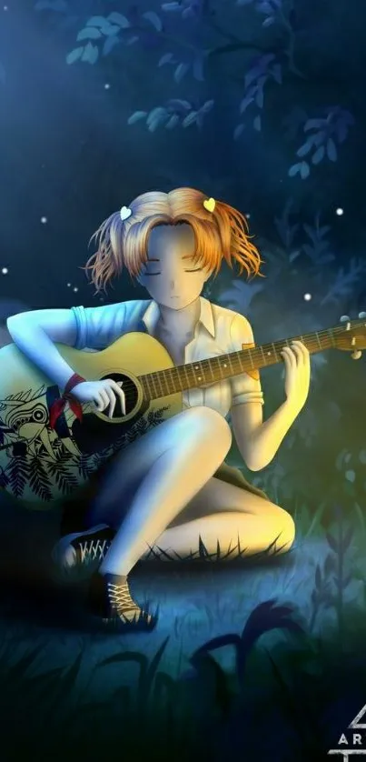 Girl playing guitar in serene artwork wallpaper.