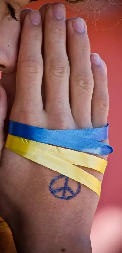 Hands with ribbons and peace tattoo on coral pink background.