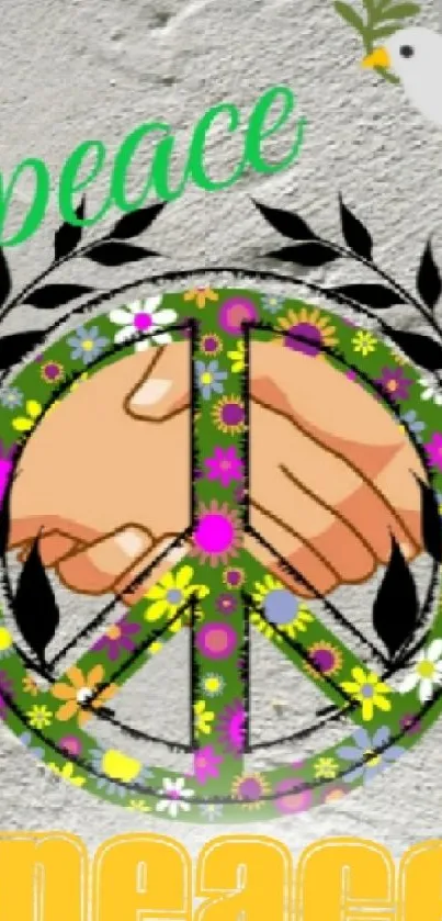 Colorful peace symbol with handshake on a light gray background.