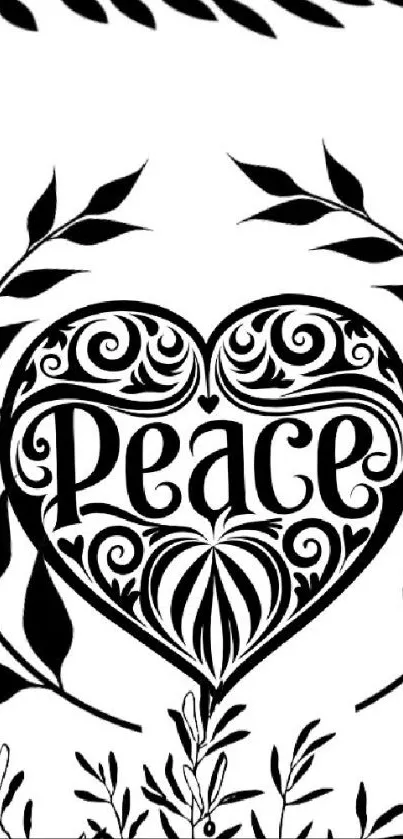 Black and white heart design with 'Peace'.