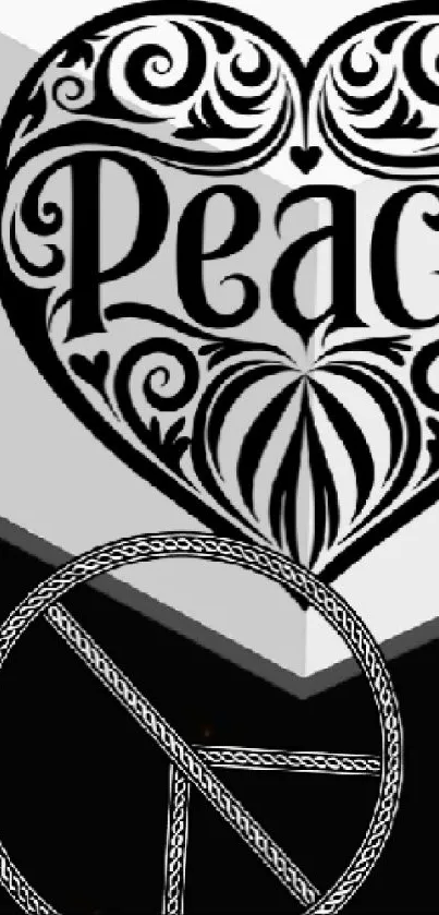 Peace symbol and heart design in black and white for mobile wallpaper.